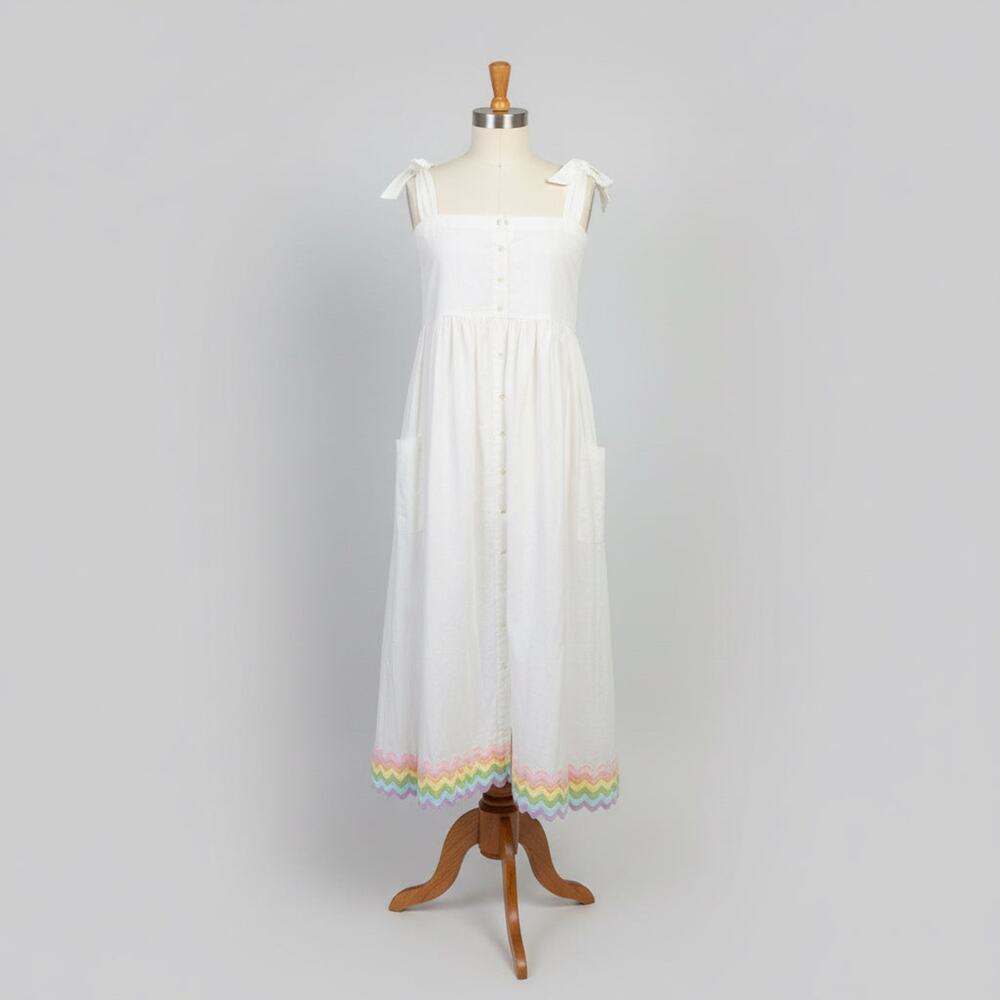 Juliet Dunn white linen with pastel trim dress, size M